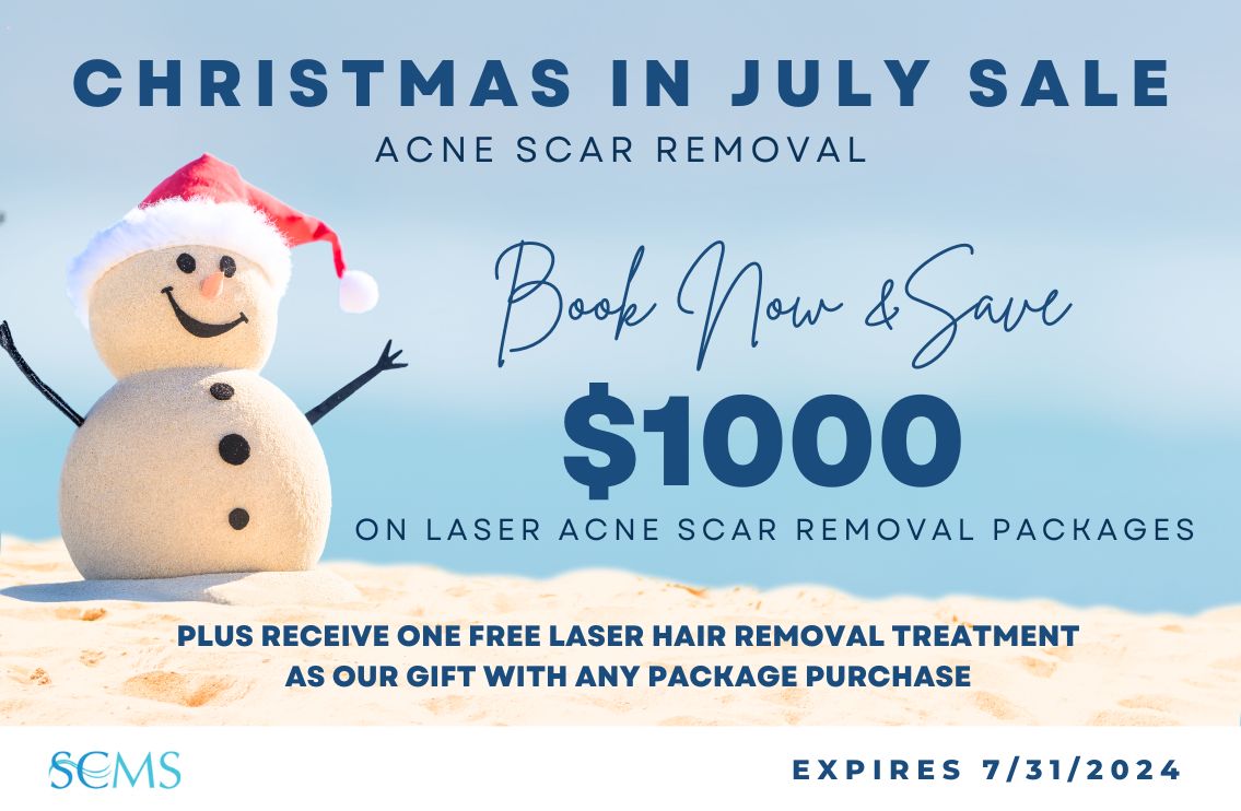 Christmas in July Acne Scar Removal Sale - Book now and save $1000 on acne scar packages. Plus receive a laser hair removal treatment with any package purchase Expires 7/31/2024