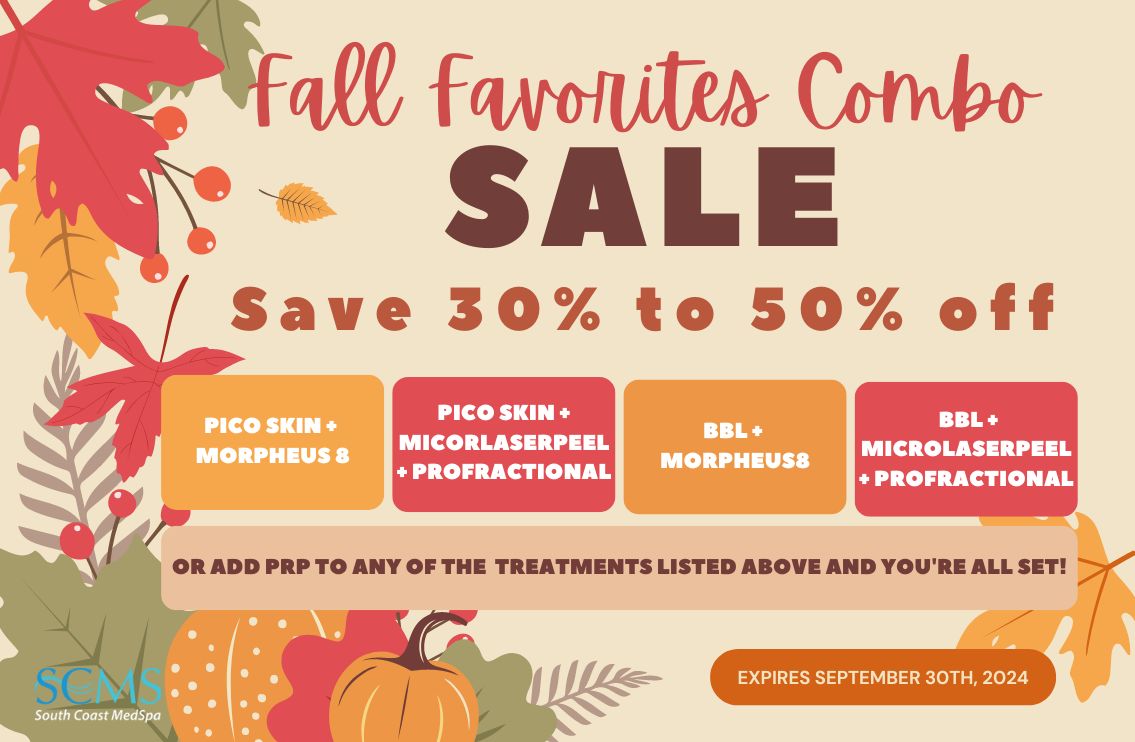 Our Fall Favorite Combo Treatments. Save 30% to 50% off A. Pico Skin + Morpheus 8 B. Pico Skin + Micorlaserpeel + Profractional C. BBL + Morpheus 8 D. BBL + Microlaserpeel + Profractional E. ADD PRP to any of the Above and you'e set! Expires 9/30/24