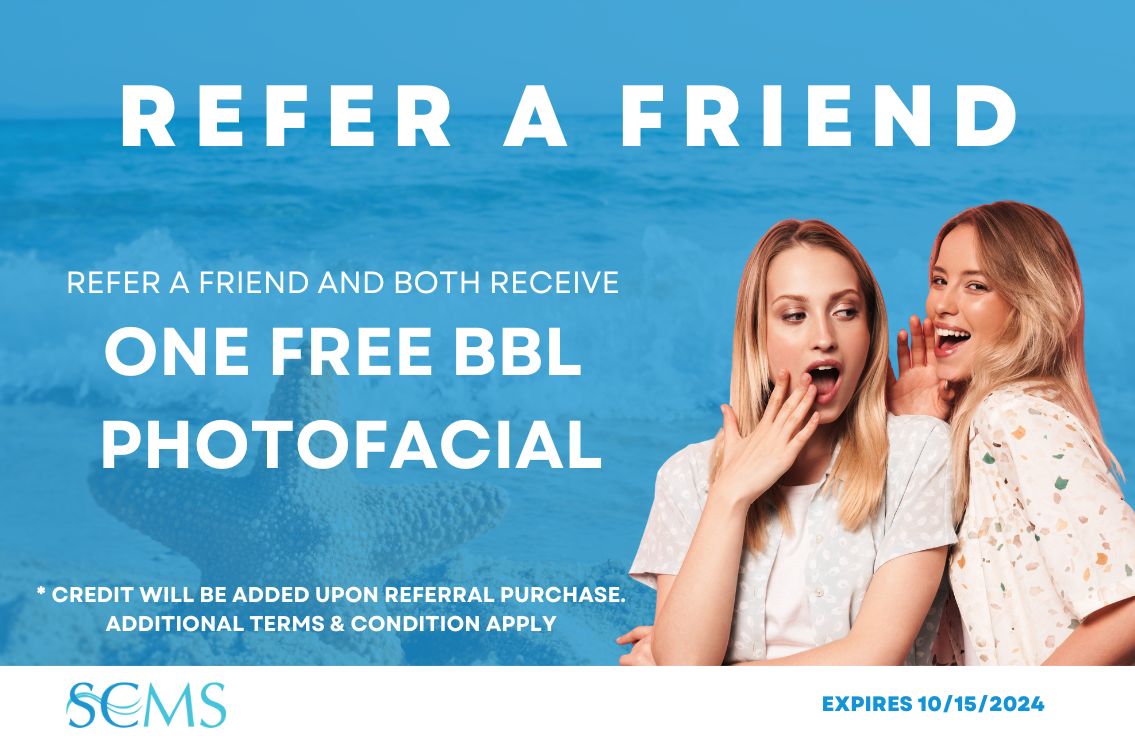 Fall Refer a Friend Offer: Refer a friend and both receive one free BBL Photofacial. Terms and conditions apply. Treatment awarded after referral purchase. Expires 10/15/24