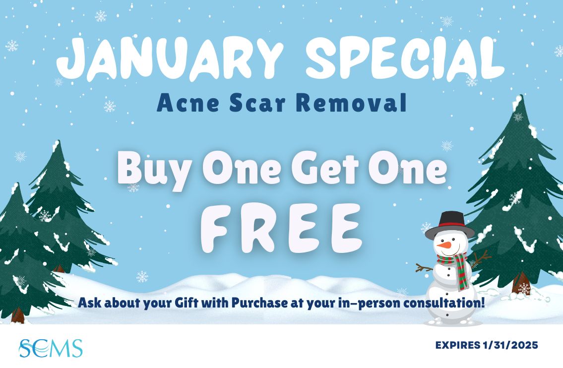 January Special - Buy 1 Acne Scar Removal Treatment, get one free! Ask about your free gift with purchase at your in-person consultation. Expires 1/31/2025