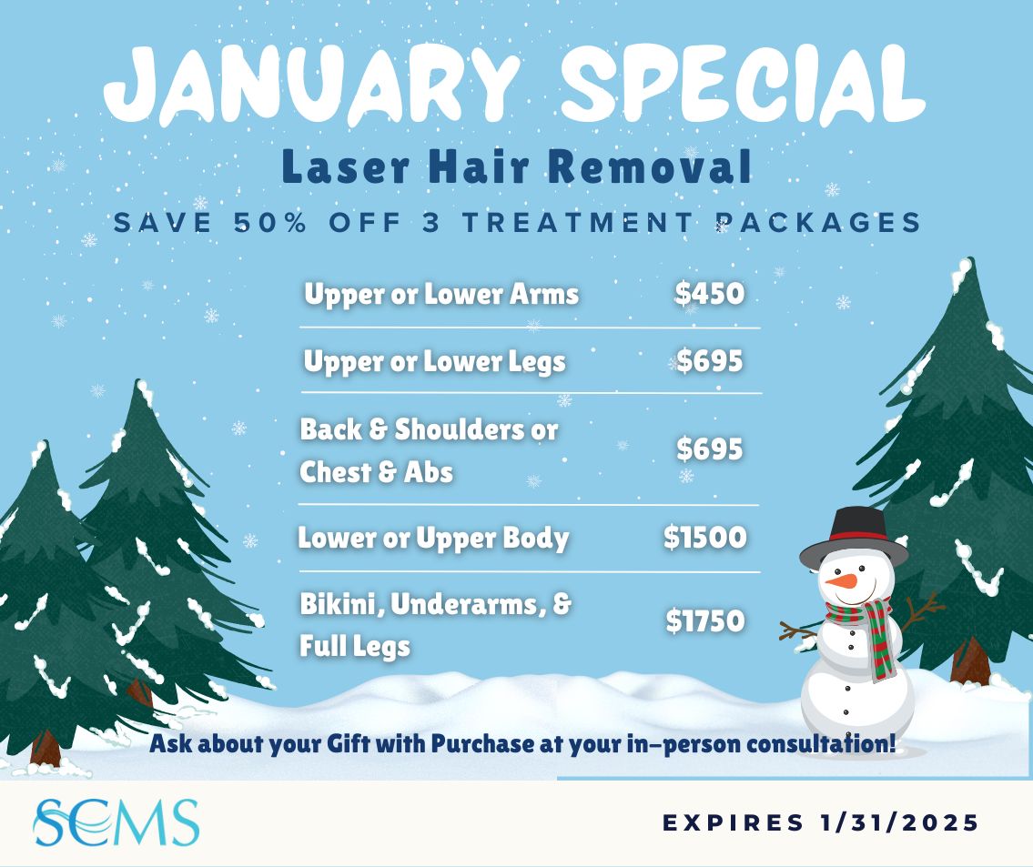 January Special -Save 50% on 3 treatment laser hair removal packages. upper or lower arms $450, Back and Shoulders or Chest and Abs - only $695, upper or lower legs - only $695, lower or upper body - only $1500, Bikini, Underarms, and Full Legs - only $1750 Ask about your free gift with purchase at your in-person consultation. Expires 1/31/2025