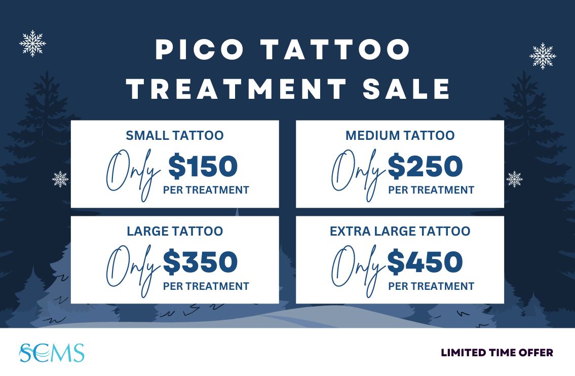 Pico Laser Tattoo Removal Sale - Small tattoo - only $150 per treatment, Medium tattoo - Only $250 per treatment, Large - Only $350 per treatment, Extra Large Tattoo - Only $450 per treatment. Save an additional $100 per treatment when purchasing treatments for multiple tattoos. LIMITED TIME OFFER