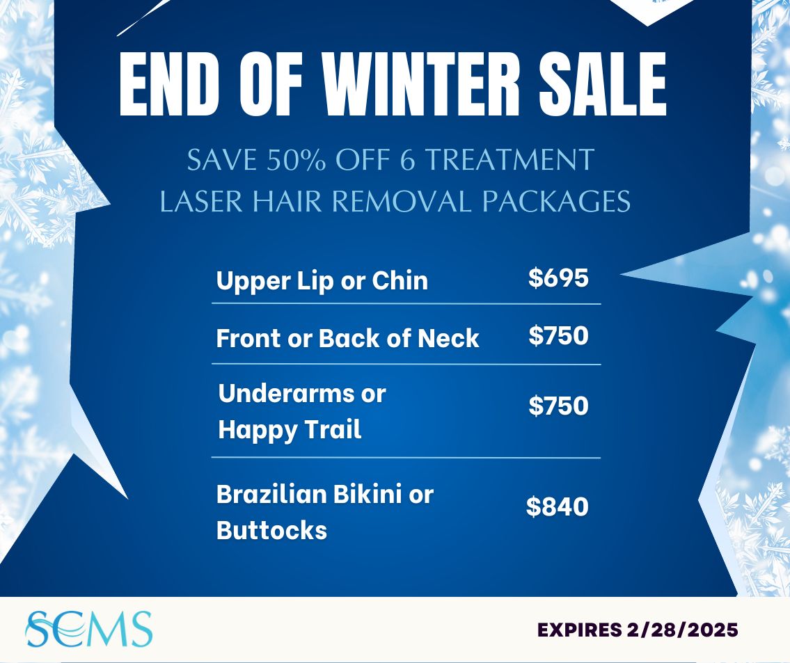 End of Winter Sale -Save 50% off 6 treatment laser hair removal packages. Upper Lip or Chin -only $695, Front or Back of Neck - only $750, Underarms or Happy Trail - only $750, Brazilian Bikini or Buttocks - only $840. Expires 2/28/2025