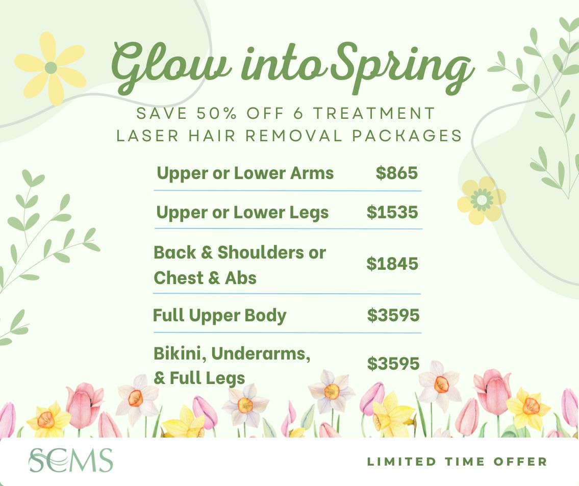 Glow into summer Sale -Save 50% off 6 treatment laser hair removal packages. upper or lower arms - only $865, upper or lower legs - only $1525, Back and Shoulders or Chest and Abs - only $1845, full upper body - only $3595, Bikini, Underarms, and Full Legs - only $3595 Limited time offer